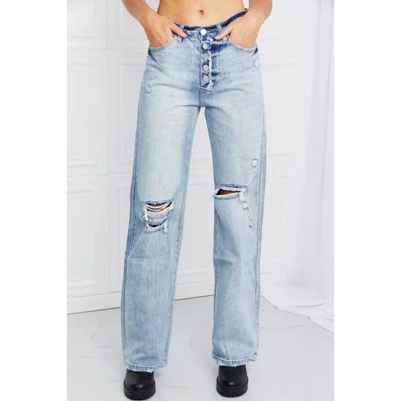 Kancan Button Fly Distressed Raw Hem Straight leg Jeans - Picture 4 of 7